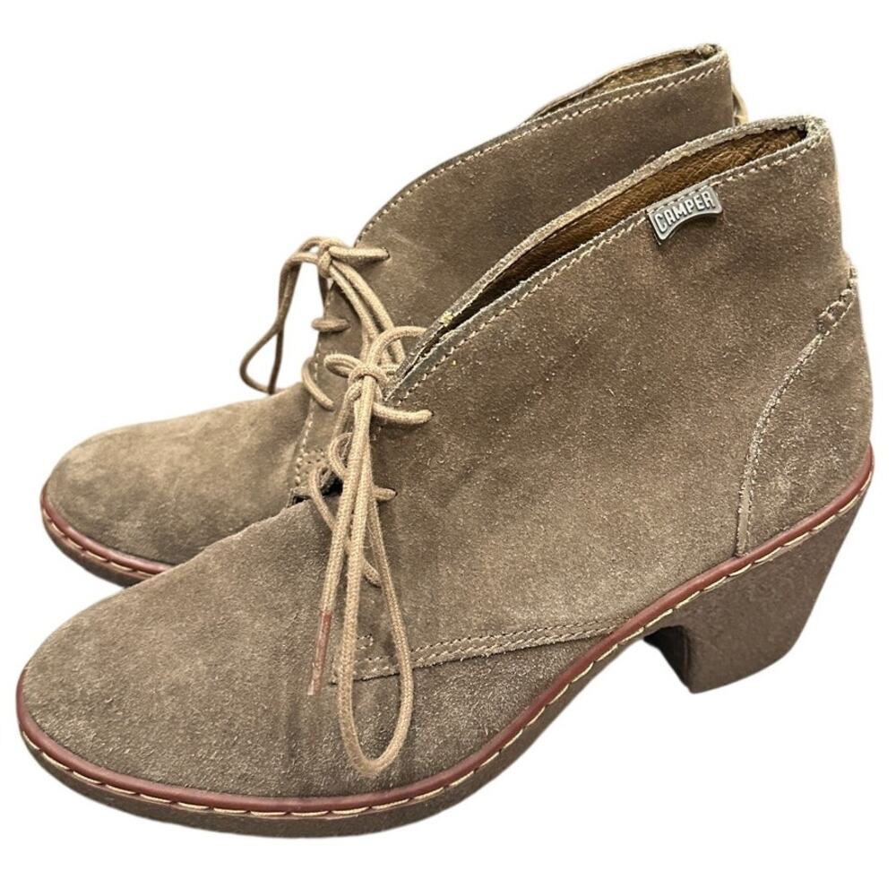 Camper Brown Suede Lace Up Heeled Oxford Ankle Boots W 7.5 Boho Witchy Mod Retro